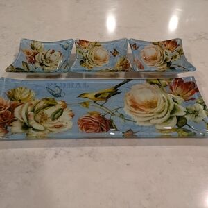 Floral Glass Serving Platter & Bowls Lisa Audit Design With Roses & Birds Set 4